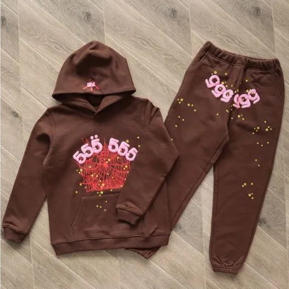 Brown Hoodie and Sweatpants Set with Pink and Yellow Accents Spider hoodie set